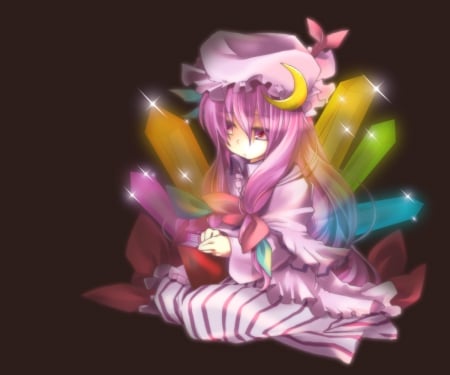 Patchouli Knowledge - pretty, anime, kawaii, female, book, dress, pink, long hair, crystal, emotional, dark, touhou, sad, sparks, nice, pink hair, anime girl, serious, girl, lovely, sweet, patchouli knowledge, glow, black, cute