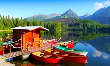 Vacation in Slovakia - calm, quiet, relax, summer, Slovakia, crystal, mountain, shore, lake, sky, house, trees, vacation, mirrored, dock, peaks, rest, pier, boats, clear, serenity