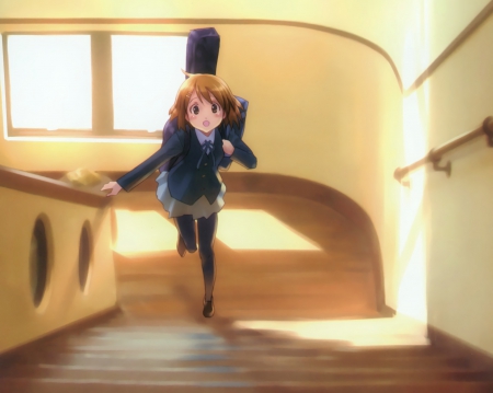 I'm Late - cute, guitar, anime girl, girl, yui, stair, yui hirasawa, pretty, kawaii, short hair, sweet, brown hair, anime, k on, kon, k-on, staircase, nice, lovely, hirasawa yui, female