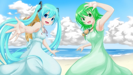 Come Join Us - pretty, anime, vocaloid, twin tail, kawaii, female, twintail, dress, hatsune miku, green hair, long hair, happy, short hair, blue hair, nice, sky, twin tails, gown, anime girl, twintails, girl, enjoy, lovely, sweet, excited, gumi, smile, miku, cloud, cute, hatsune, vocaloids