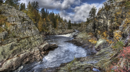 magnificent river gorge in tuddal norway hdr - river, hdr, forest, gorge, rocks