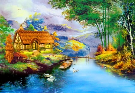 Fairytale cottage - relax, calm, summer, swans, countryside, place, paradise, mix, house, village, river, nature, lights, serenity, quiet, blue, cabin, creek, boat, stream, grass, reflection, walk, fairytale, lake, art, cottage, trees, photoshop, rest, colorful, fantasy, painting, peaceful