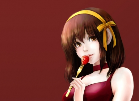 Suzumiya Haruhi - realistic, suzumiya haruhi no shoushitsu, beauty, nice, strawberry, female, brown eyes, anime girl, brown hair, suzumiya haruhi, pretty, anime, ribbon, short hair, girl, lovely, fruit, divine, cg, hd, red, 3d, sublime, beautiful, sweet