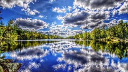 shimmering river reflections hdr - shimmering, reflection, forest, river, clouds, hdr