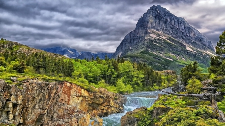 perfect natural landscape hdr - gorge, mountain, forest, river, clouds, hdr, rocks