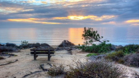 ocean view - clouds, sunset, beach, bushes, bench, ocean