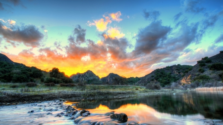 fiery sunrise over river in the coutryside hdr - rocks, clouds, river, hills, sunrise, hdr