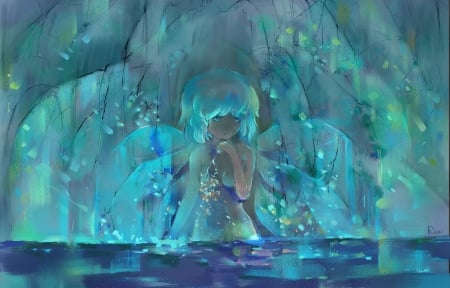 Cirno - touhou, cute, water, aqua, beauty, beautiful, flowers, sweet, anime, blue, wings, fairy, green