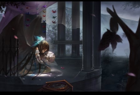 Touhou - sadness, anime, beautiful, girl, beauty, long hair, sweet, dark, black, origami, butterfly, cute