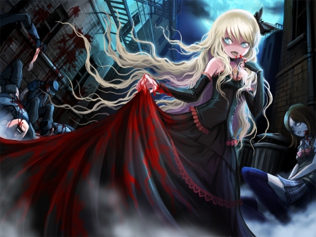 Sweet Vampire - moon, beauty, girl, bite, long hair, night, blood, black, vampire, red, beautiful, anime, sweet, cute, dress