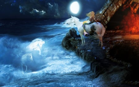 ocean fantasy - horses, ocean, blue, night, fantasy