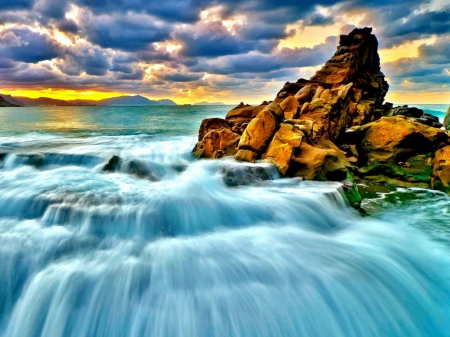 Beautiful Waterfall - nature, sky, surf, clouds, rock, sunset, waterfall, sea