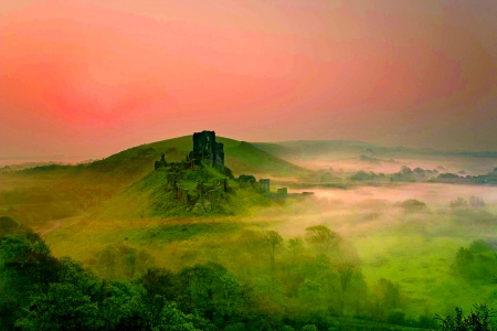 CASTLE in MIST - field, sky, castle, mist