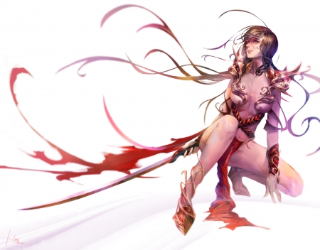 warrior - red dress, gril warrior, weapon, long hair, brown hair