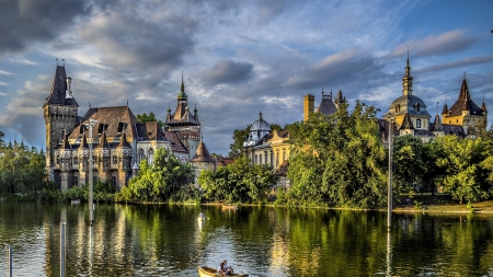 fantastic vajdahunyad castle in budapest hdr - lske, trees, boats, castle, clouds, hdr