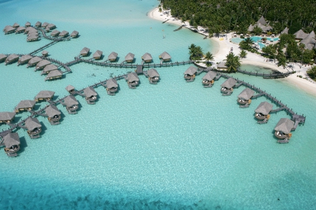 Perfect Blue Lagoon at Bora Bora Island South Pacific - paradise, pacific, water, bungalows, perfect, polynesia, coral, french, bora bora, shallow, atoll, lagoon, south, ocean, islands, tropical, reef, exotic, blue, villas, island, sea, tahiti