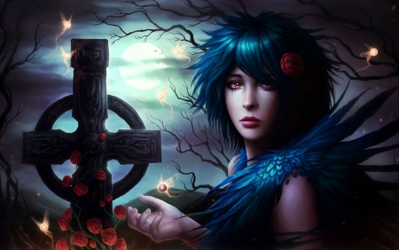 Gothic Fantasy - trees, gothic, dark, fairies, flowers, celtic, fantasy, woman, cross, feathers