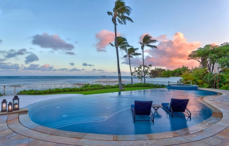 Beautiful Sunset by Swimming Pool Maui Island Hawaii - beach, paradise, sun, sunset, chairs, hawaii, loungers, polynesia, evening, sand, dusk, ocean, swimming, islands, tropical, set, exotic, maui, twilight, island, pool, sea