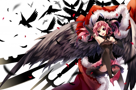 Pivix Fantasia - beauty, girl, feathers, angel, wings, black, raven, crow, pretty, pink, red, beautiful, anime, crazy, dress