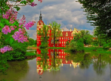 Saxony-Germany - trees, water, Germany, Saxony, beautiful, palace, lovely, reflection, flowers, shore, lake, nice, place, castle, sky