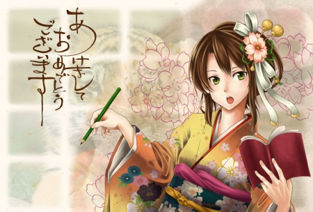 Calligraphy - pretty, anime, female, book, long hair, calligraphy, oriental, nice, anime girl, beautiful, hot, girl, beauty, kimono, lovely, brown hair, sweet, yukata, cute, sexy