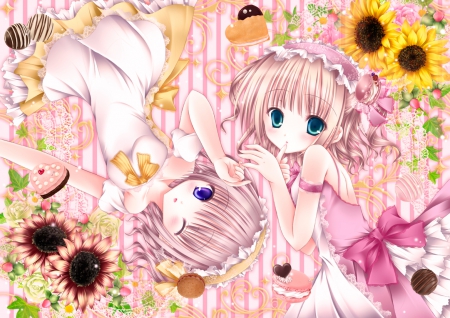 â™¡ Adore â™¡ - sunflower, beauty, nice, female, anime girl, pretty, anime, ribbon, cute, short hair, adorable, girl, sink, lovely, gown, kawaii, floral, beautiful, pink, sweet, flower, dress