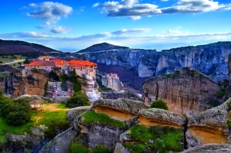 Monastery - sky, photo, monastery, mountain, blue, hdr