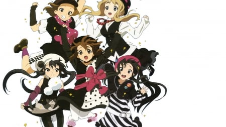 K-On - white background, dress, blonde hair, nakano, brown hair, long hair, yui, k-on, short hair, ritsu, black hair, friends, jump, mio