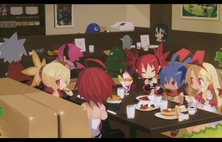 Restaurant - pretty, anime, female, food, team, happy, boy, group, chibi, nice, video game, anime girl, game, girl, table, lovely, sweet, chair, adorable