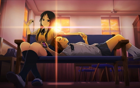 Mio & Ritsu - mio, ritsu, siting, freinds, anime, k-on, long hair, skirt, black hair, anime girls, sunset, unifrom