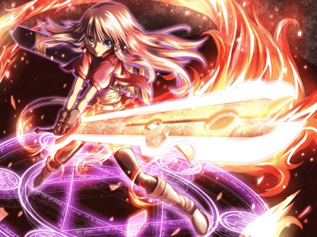 the sword of fantasia - fire sword, great sword, long hair, anime girl, cute girl