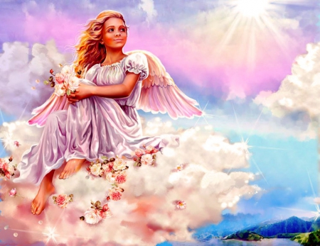 Angel in the Sky - flowers, roses, woman, wings, cloud, sun