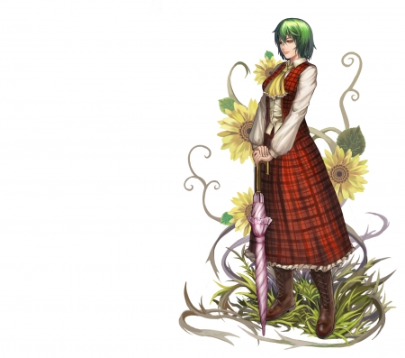 Kazami Yuuka - pretty, anime, female, dress, green hair, short hair, umbrella, touhou, sunflower, plain, hd, nice, kazami yuuka, gown, anime girl, realistic, beautiful, hot, girl, simple, beauty, lovely, sweet, flower, cg, cute, 3d, floral, sexy