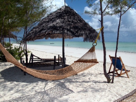 Hammock at Zanzibar Beach - white, straw, palms, water, umbrellaw, sand, sea