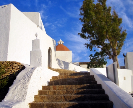 Ancient church - blue, photography, church, architecture, religious, tree, stairs, white, sky