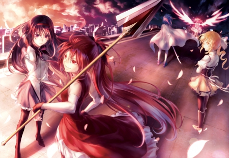 Mahou Shoujo Madoka Magica - mahou shoujo madoka magica, beauty, female, hot, anime girl, anime, team, cute, sexy, homura, girl, warrior, magical girl, long hair, sakura, beautiful, kaname, weapon, akemi, group, madoka, dress