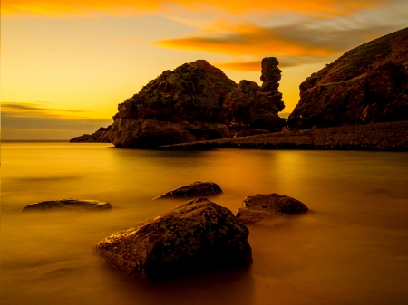 GOLDEN HOUR - beach, golden, sunset, rock, sea, scotland