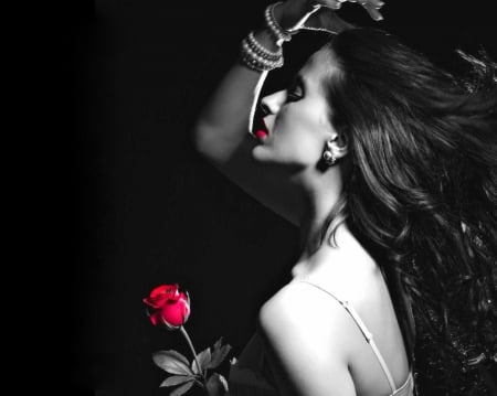 With red rose - black, rose, red, woman