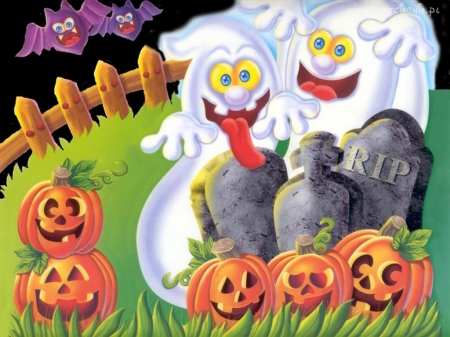 GHOSTLY FUN - ghosts, pumpkins, fun, bats, halloweeen, ghostly