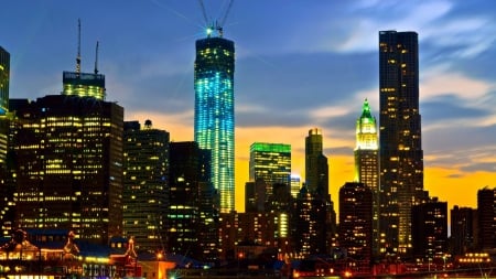 one world trade center in nyc - dusk, lights, construction, city, skyscraper