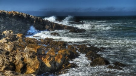 beautiful rocky seacoast - rocks, coast, sea, waves, spray