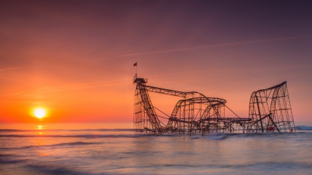 roller coaster after hurricane sandy at the jersey shore - roller coaster, sea, sunrise, destroyed