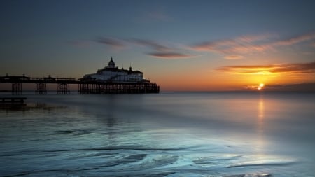 awesome massive sea pier at sunset - sea, sunset, building, pier