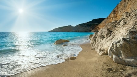 superb greek seacoast - beach, cliff, waves, sunshine, sea