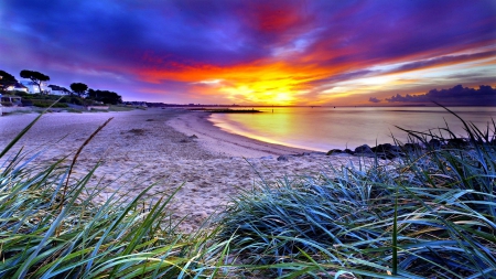 superb colorful sunset over a beach hdr - ocean, beach, sunset, coast, cool, town, beautiful, clouds, green, hdr, colors, grass, sand