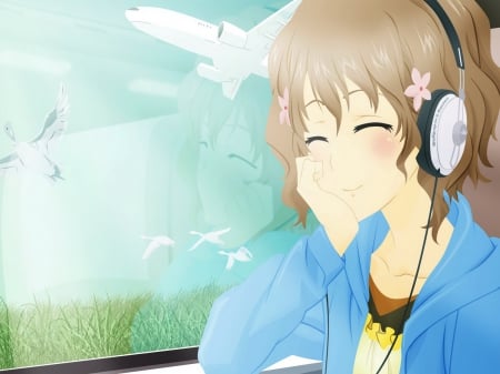 ohana chan - short hair, smiling girl, anime, headphones, ohana, cute girl, brown hair