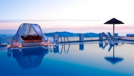 Canopy Pool Bed ~ Santorini - beauty, santorini, bed, blue, sea, pool