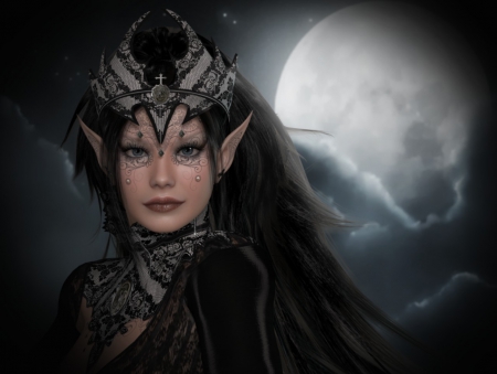 DARK MOON ELF - moon, sky, elf, stars, female, night, gothic, black, tattoos, dark, clouds