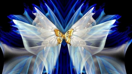 WINGS OF A BUTTERFLY - ANIMAL, WHITE, GOLD, WINGS, BUTTERFLY, BLUE