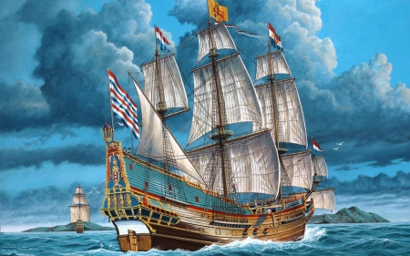 Ship - ocean, sky, water, wave, fantasy, painting, white, art, ship, flag, sails, cloud, blue, sea